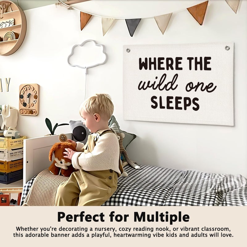 ETVISO Where the Wild Ones Kids Room Decor - Linen Banner Wall Hanging Canvas Banner Flag Decor for Kids Toddler Bedroom Nursery Playroom - Image 5